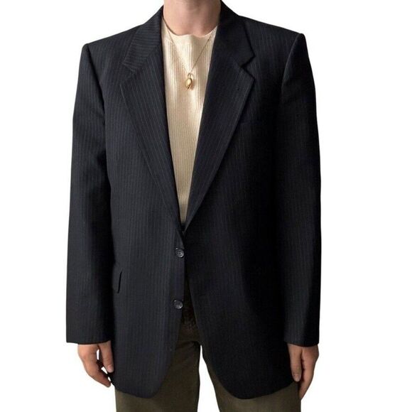 Vintage YSL Yves Saint Laurent Navy Blue Pin Stripe Wool Sport Coat Blazer 42R - Picture 1 of 11